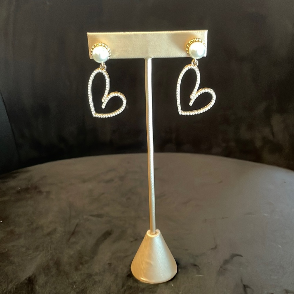 Brand new gold trimmed faux pearl heart earrings; 1.5 inches long